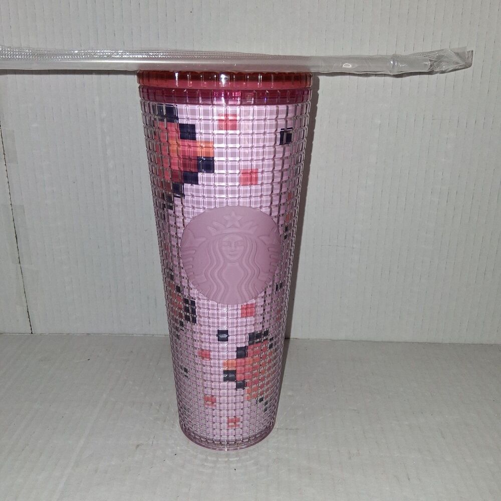 2025 Starbucks Valentines Day Pink Red Pixel Hearts Grid 24oz Tumbler Cup Straw